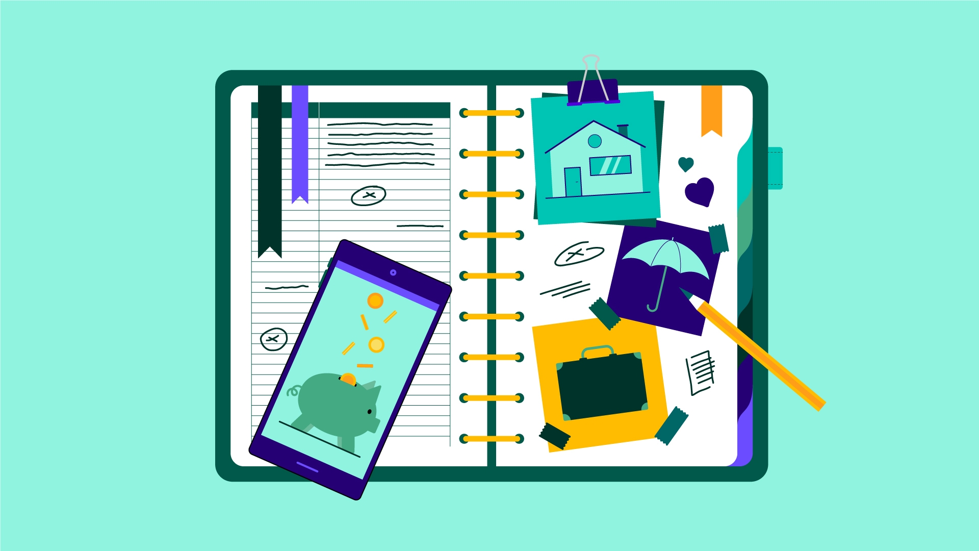 open planner with pictures and doodles representing financial goals beside a cell phone with a piggy bank image