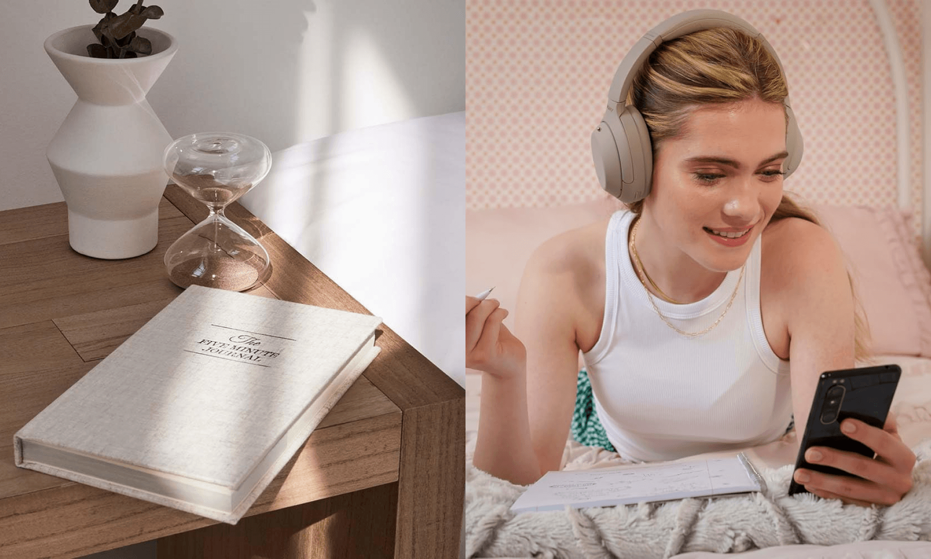 Gratitude journal on nightstand, woman in Sony headphones