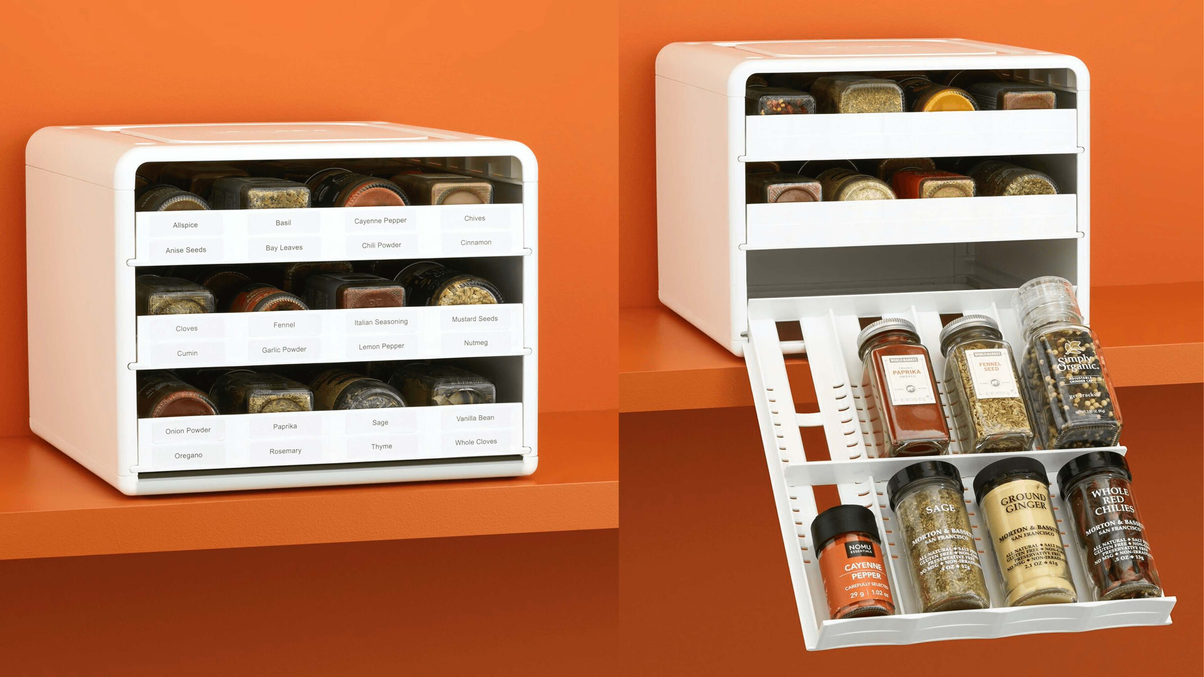 unit to store spice that can fit into kitchen cabinets and has drawers that come down to eye level