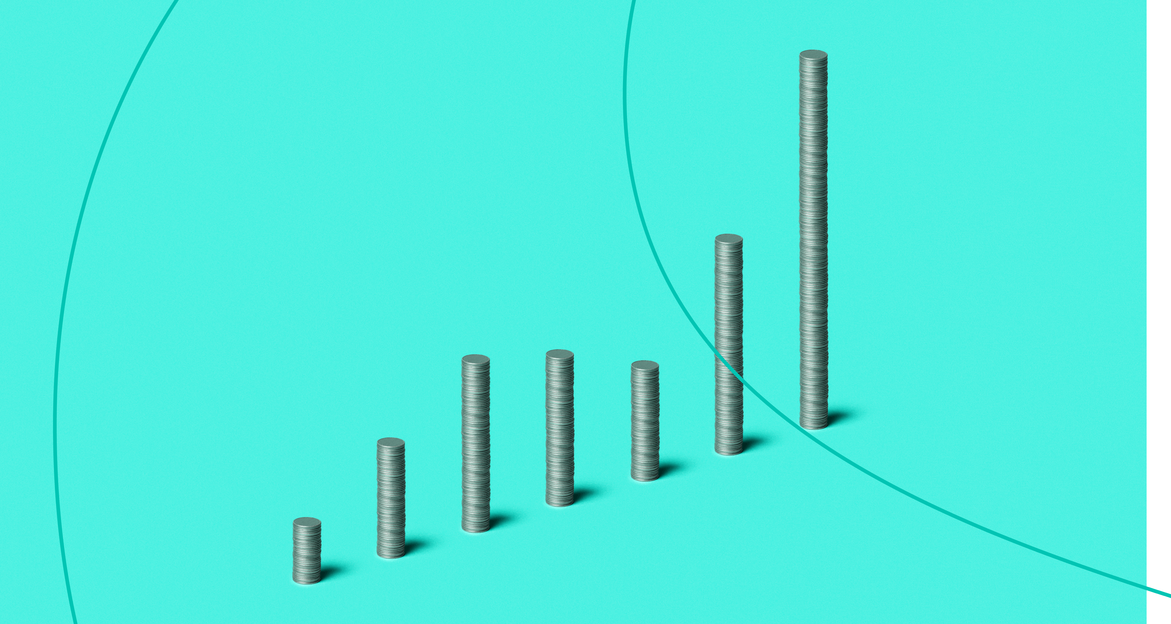 A vertical image of 7 coin stacks going up, down and then exponential up, conceptually looking like a graph on a turquoise light green background