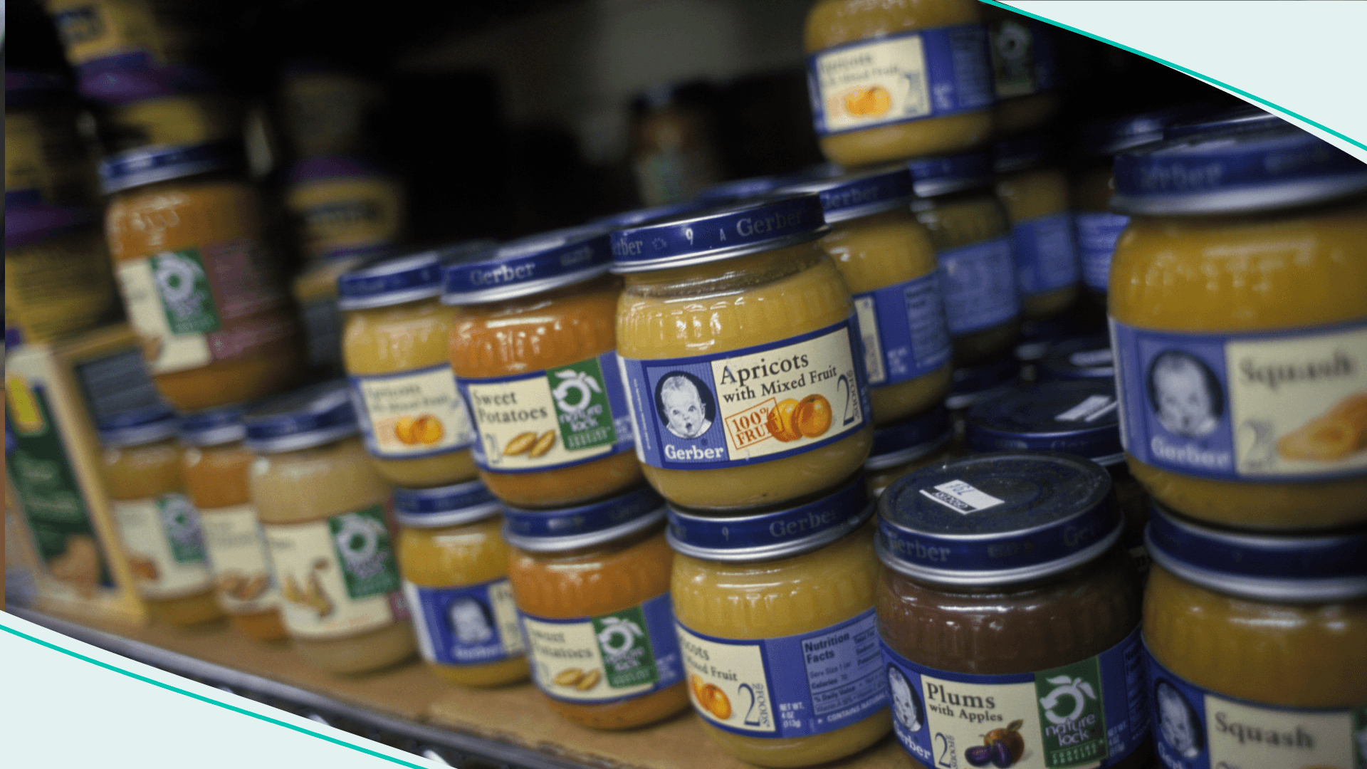 Jars of Gerber baby food on shelves at a Shoprite Supermarket