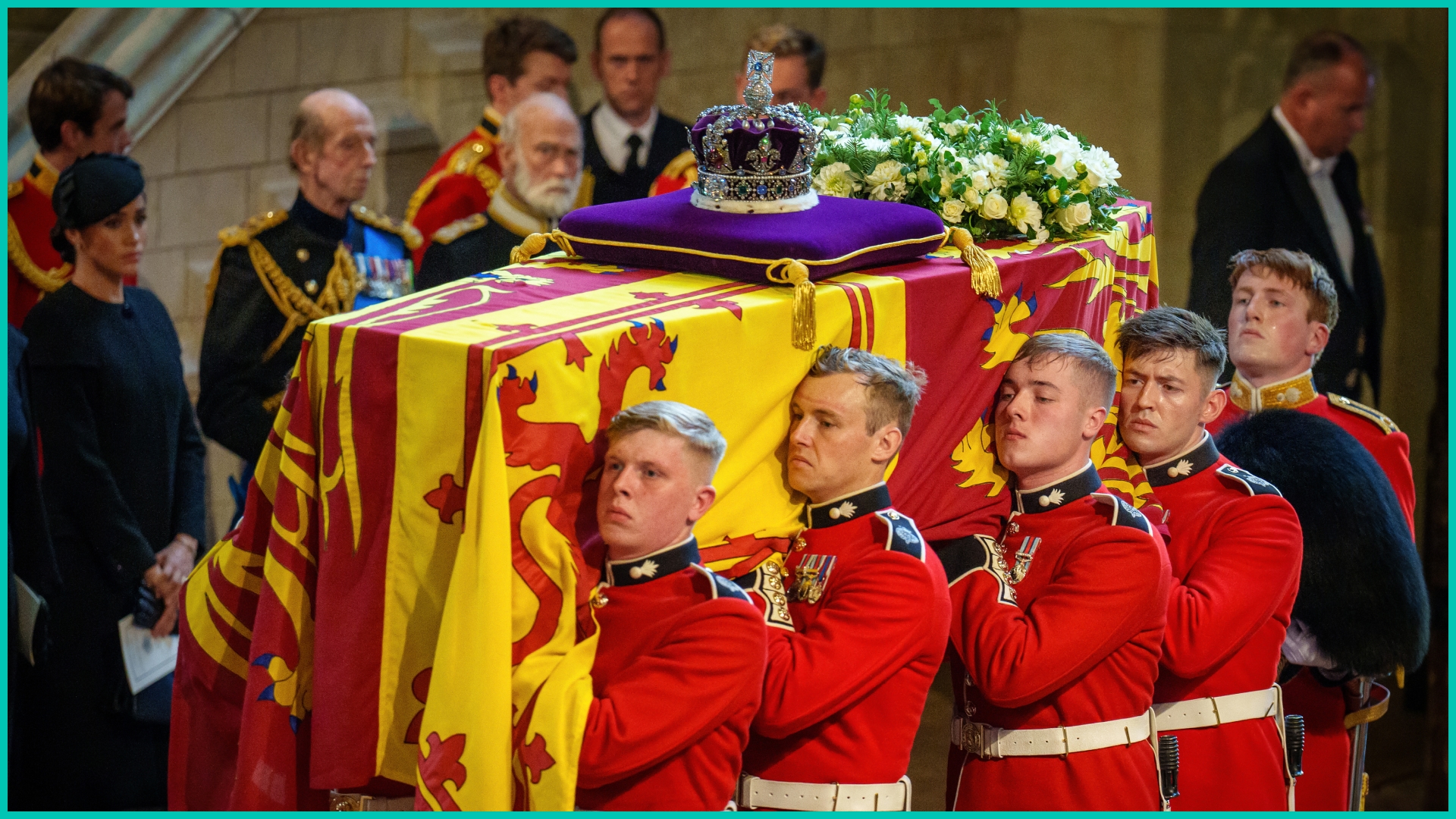 The coffin of Queen Elizabeth II is carried into The Palace of Westminster