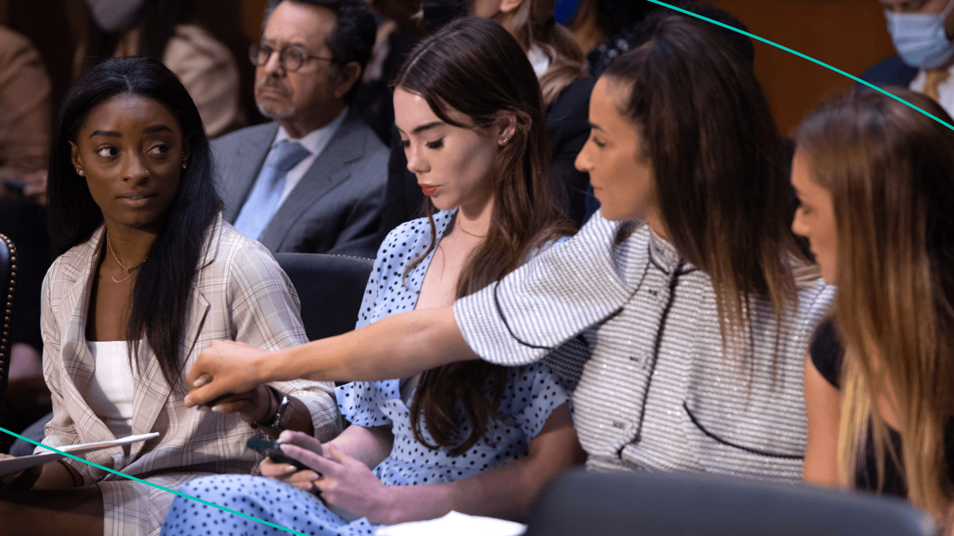 US gymnasts (L-R) Simone Biles, McKayla Maroney, Aly Raisman and Maggie Nichols arrive to testify during a Senate Judiciary hearing