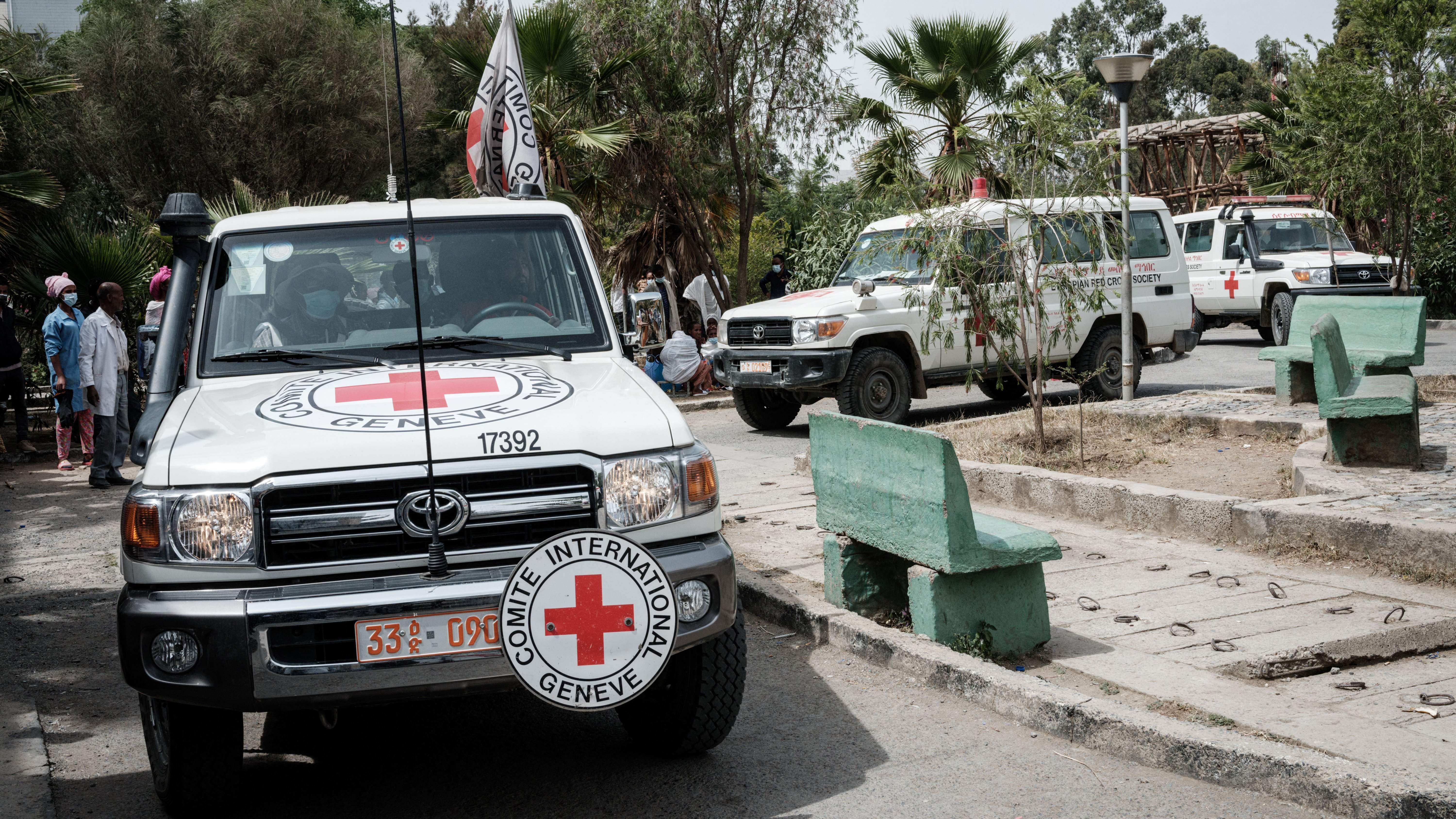 Ambulances of Red Cross arrive with patients who were injured in their town Togoga in a deadly airstrike on a market