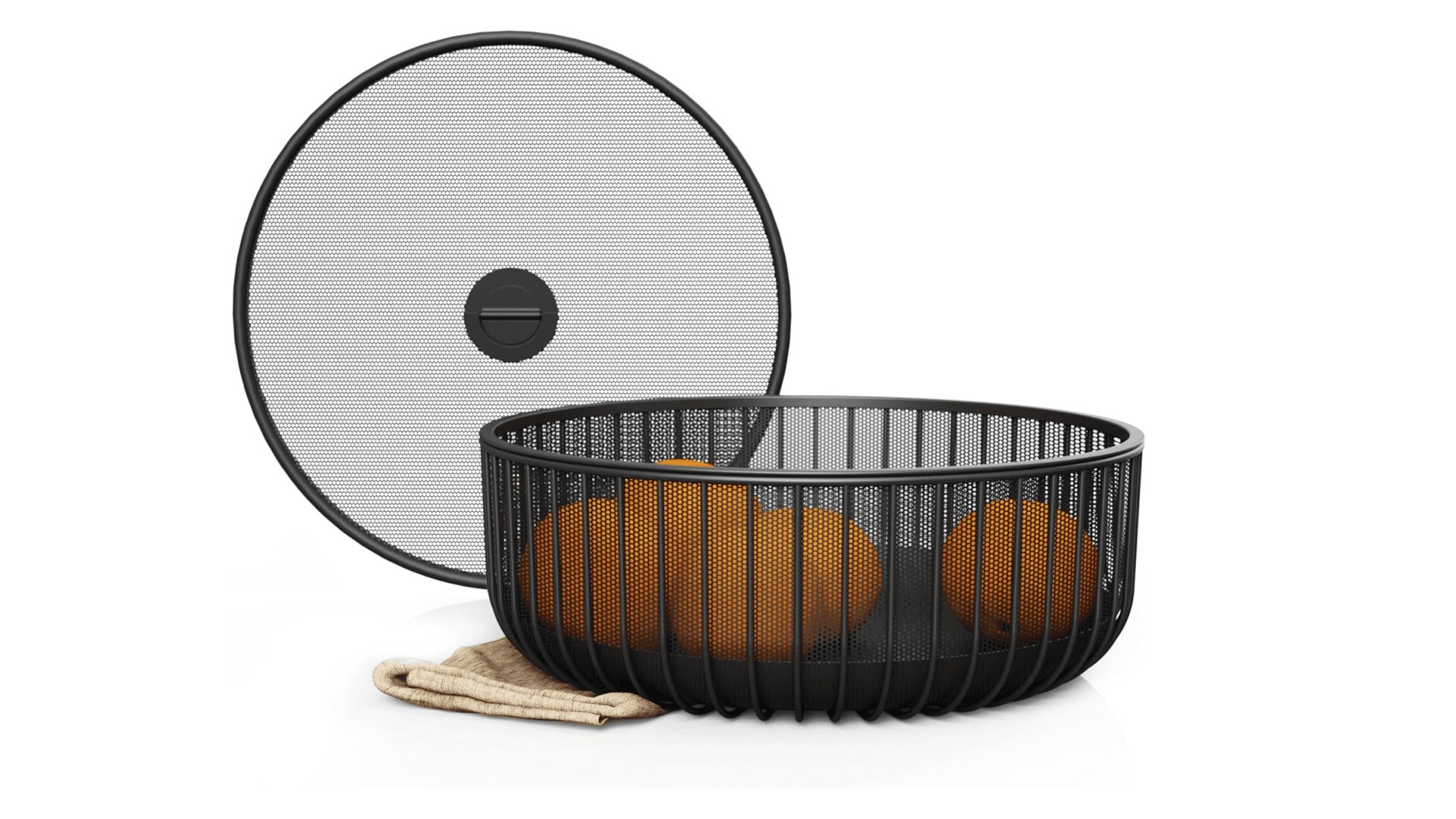 LIBKEN Metal Fruit Bowl with Mesh Lid and Basket - Fruit and Vegetable Holder For Kitchen Counter - Countertop Display Baskets Organizer - Bowl Storage for Veggie, Fruits, Snack, and Banana - Black