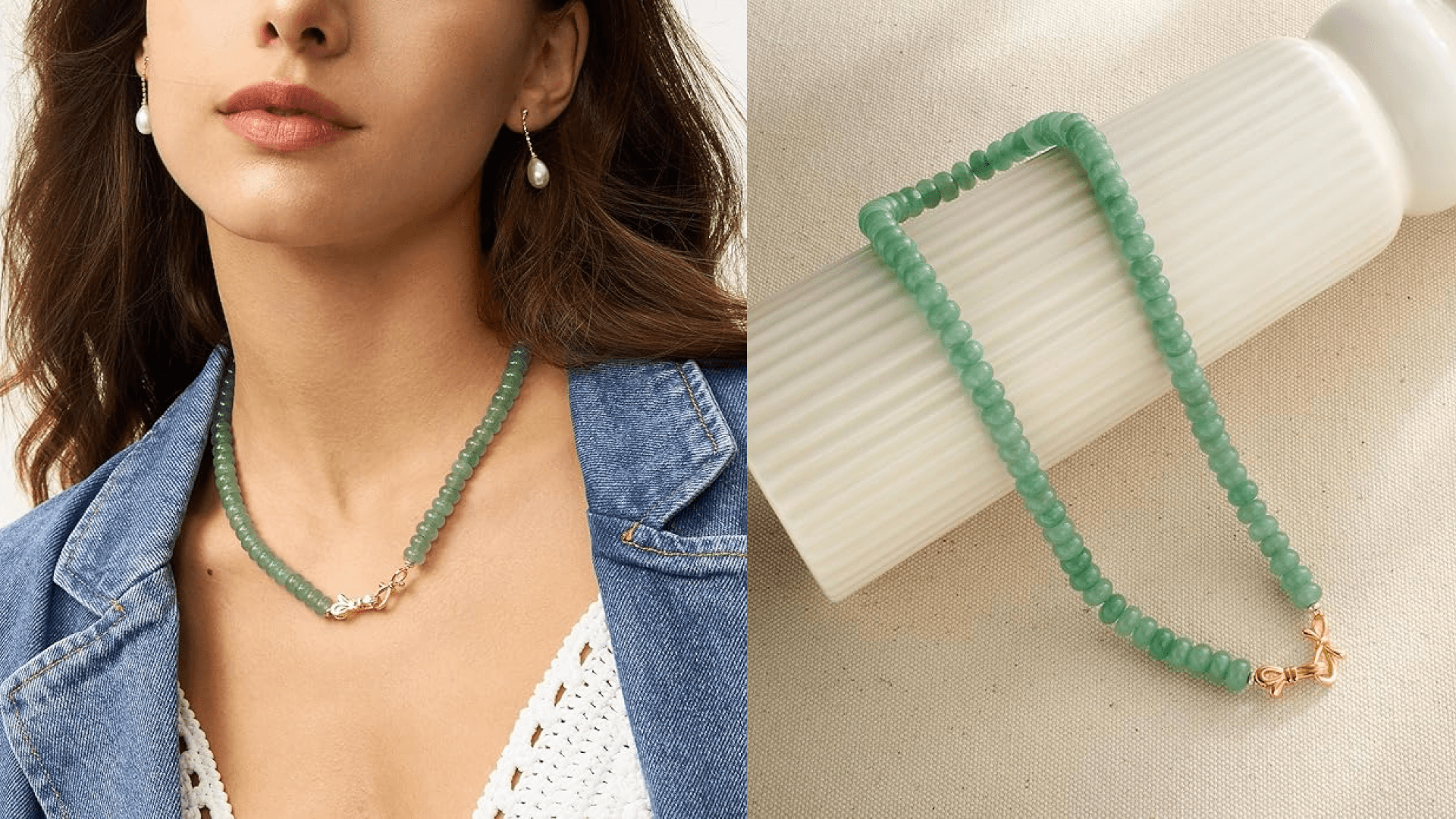 NLIEO Green Aventurine Gemstone Beaded Choker Necklace for Women 14K Gold Bow Birthstone Beads Chokers