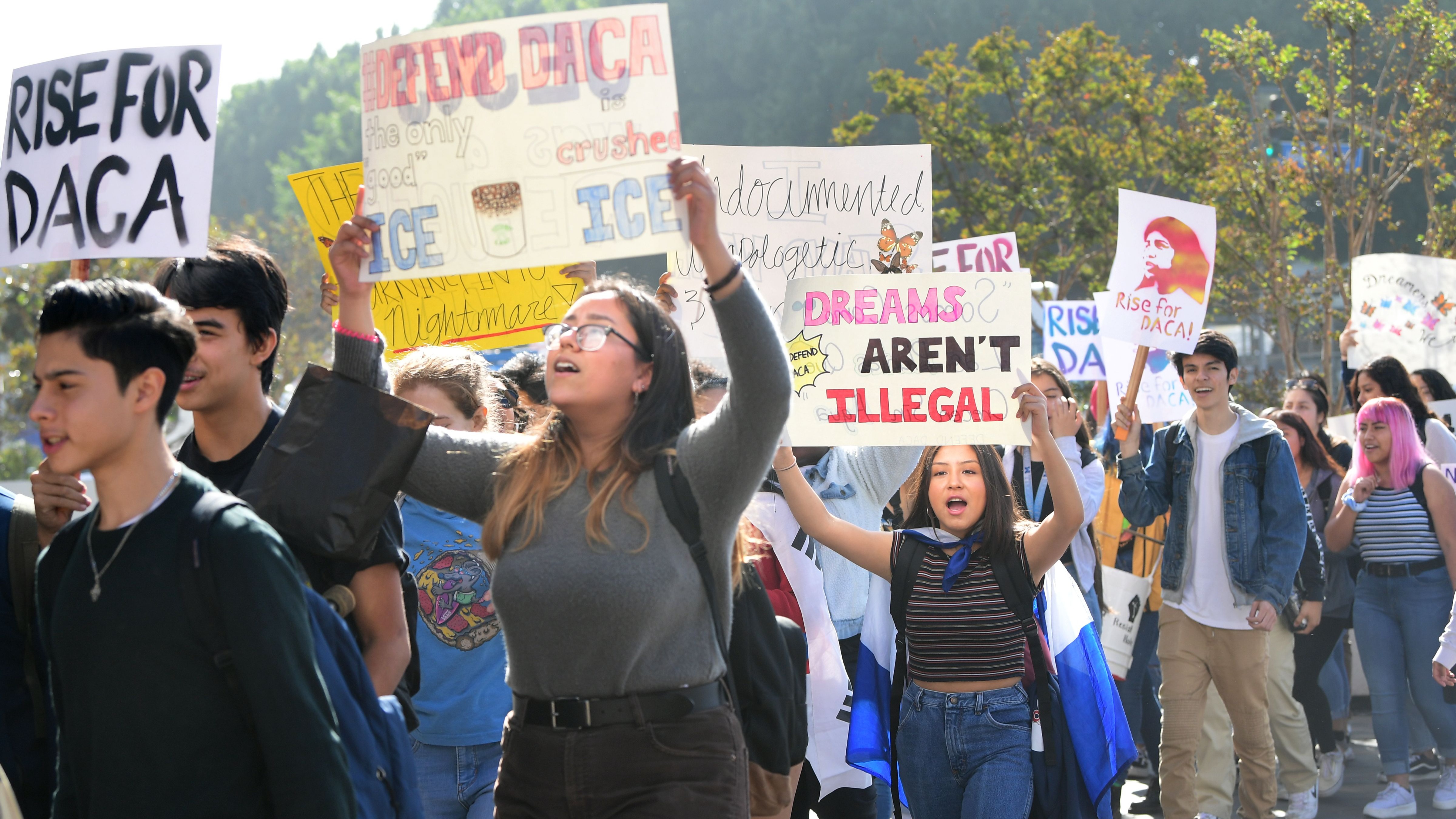 Students and supporters of DACA rally in downtown Los Angeles, California on November 12, 2019 as the US Supreme Court hears arguments to make a decision regarding the future of "Dreamers."