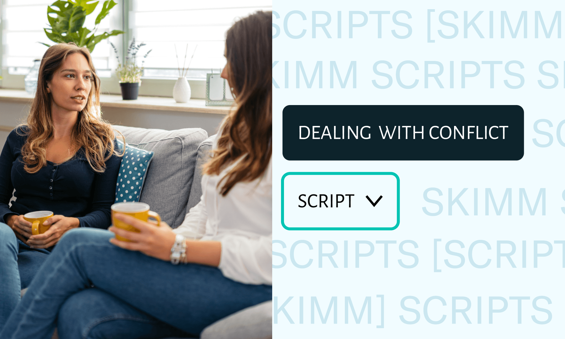 Two women holding mugs having a conversation on a couch