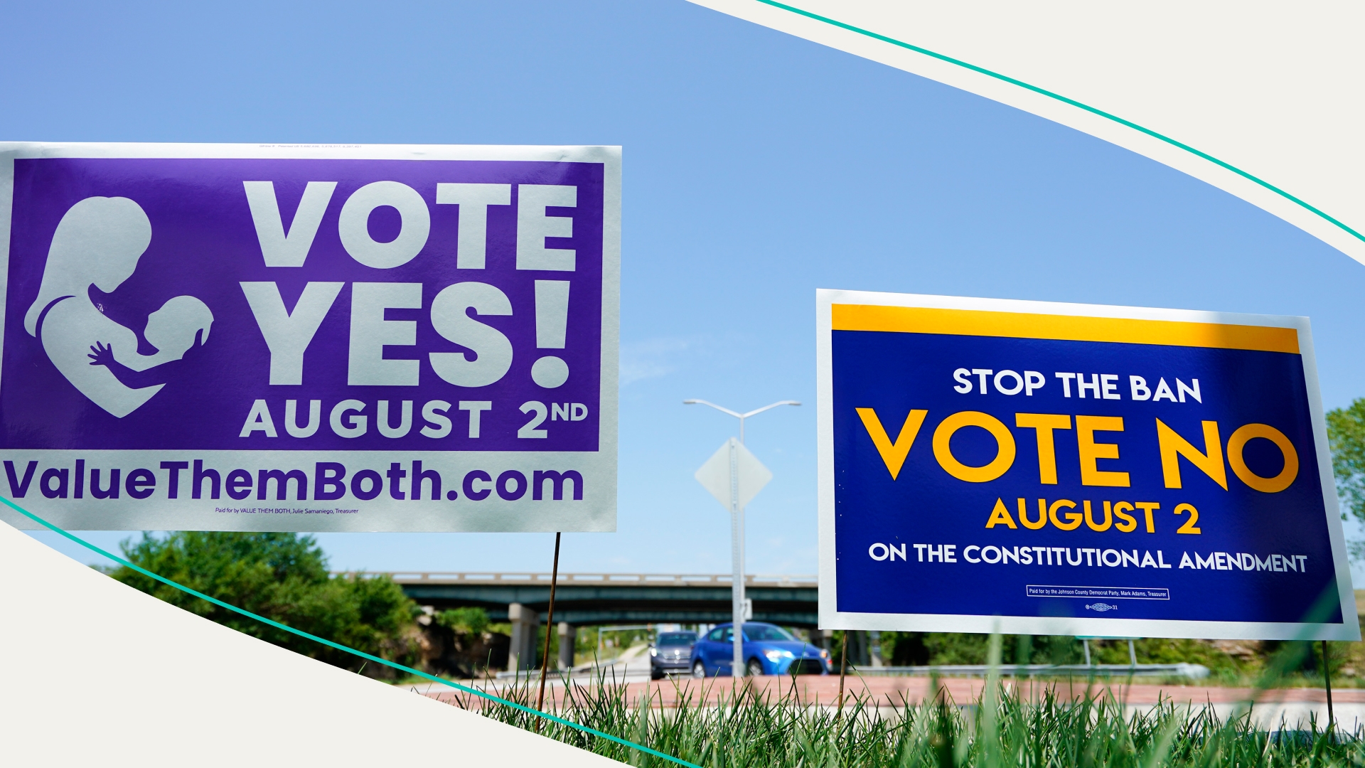 : Signs in favor and against the Kansas Constitutional Amendment On Abortion are displayed outside Kansas 10 Highway on August 01, 2022