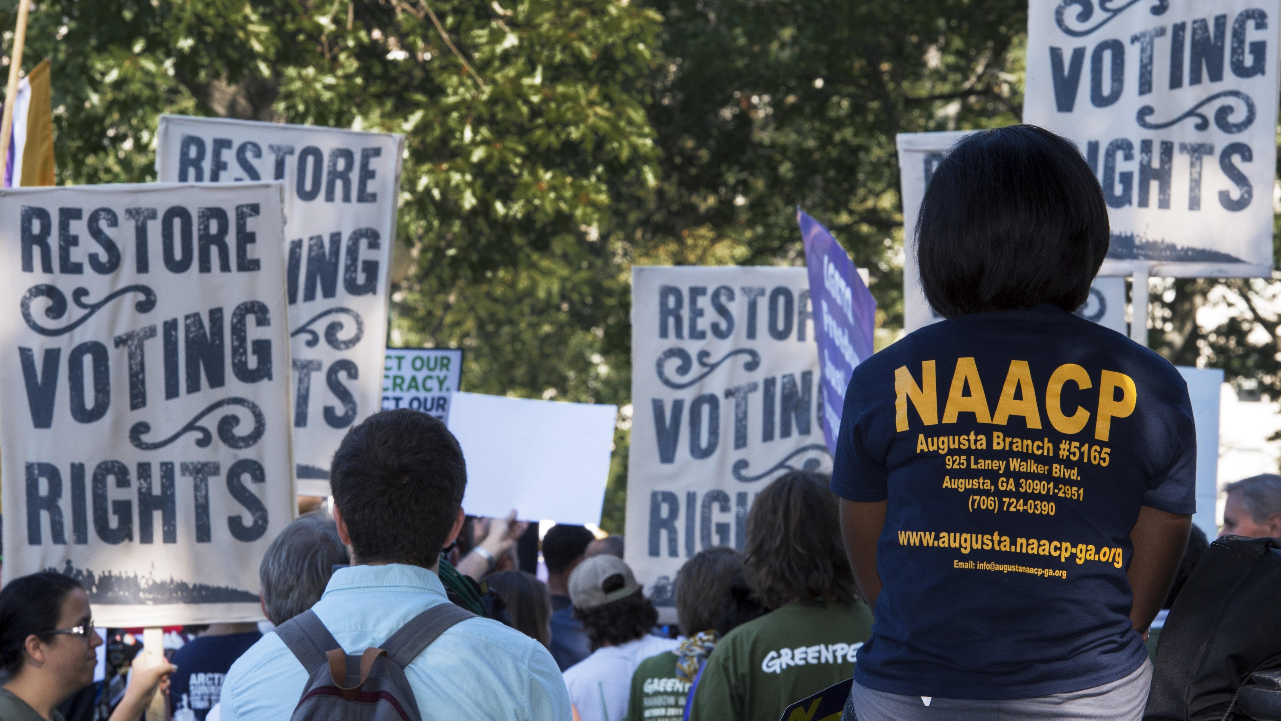 Various labor unions and progressive organizations protest on Capitol Hill September 16, 2015, calling for the restoration of the Voting Rights Act