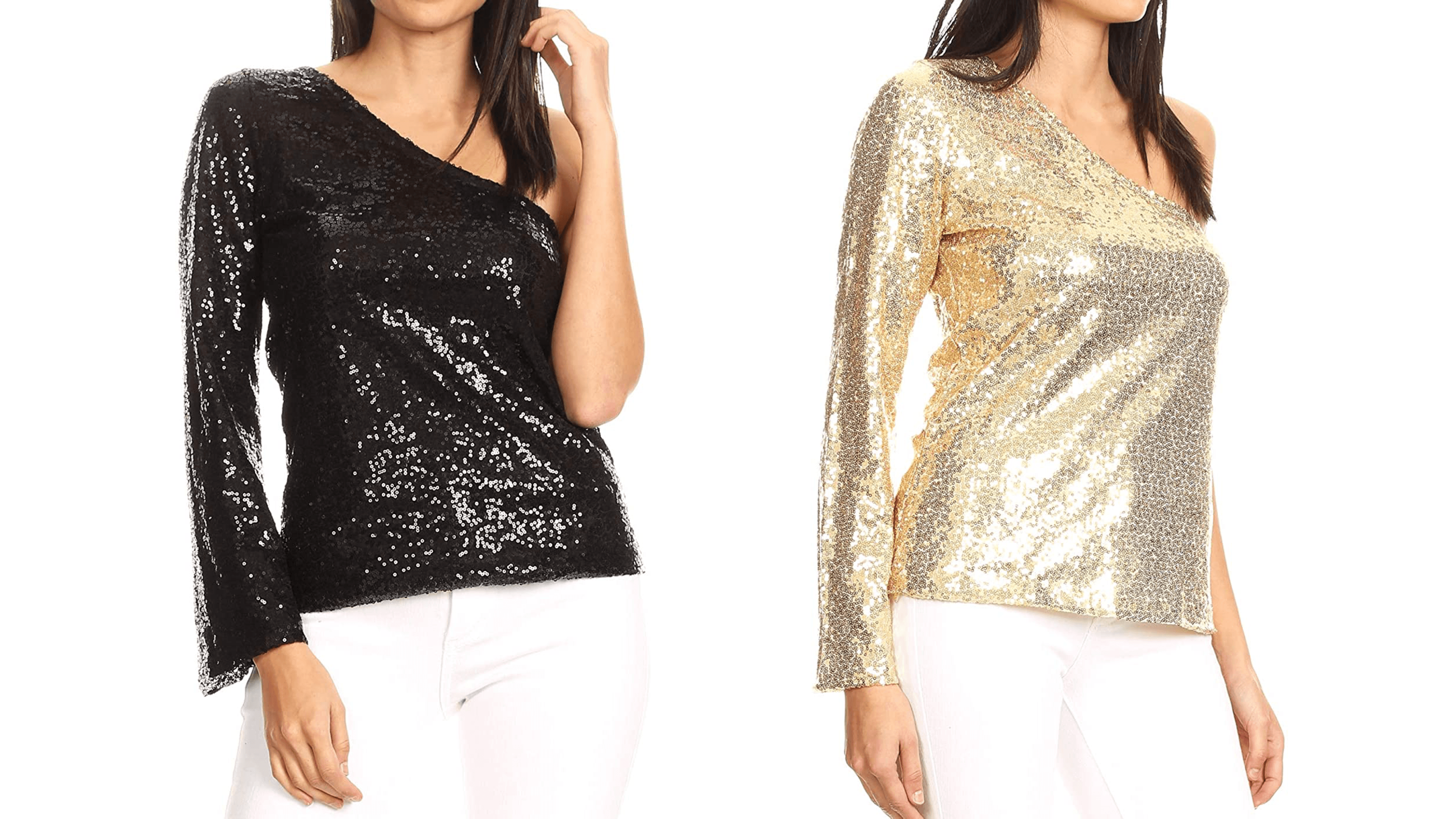 A one-shoulder, long-sleeve sequin shirt