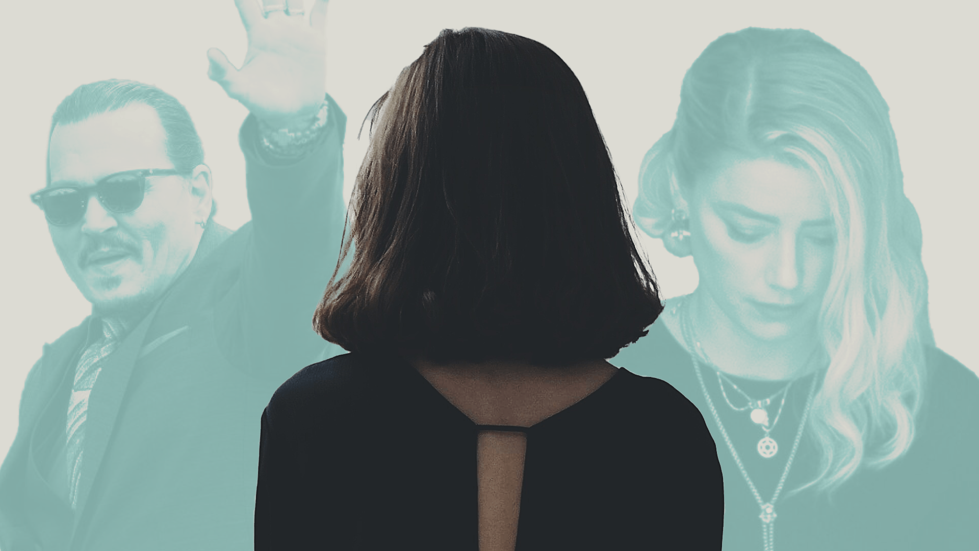 woman standing in between images of Johnny Depp and Amber Heard