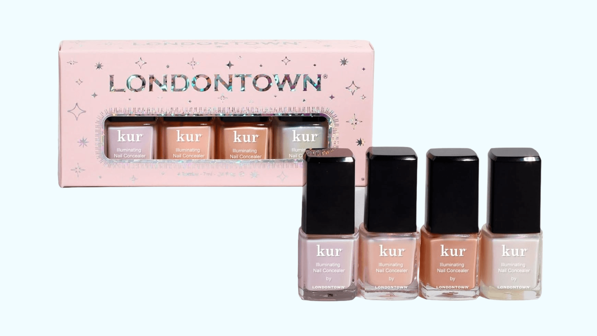 LONDONTOWN Illuminating Essentials Nail Concealer, Milky Sheer Mini Set Polish - Long Lasting Brightening Lacquer Nail Care for Discolored, Yellowing Nails, .24fl oz