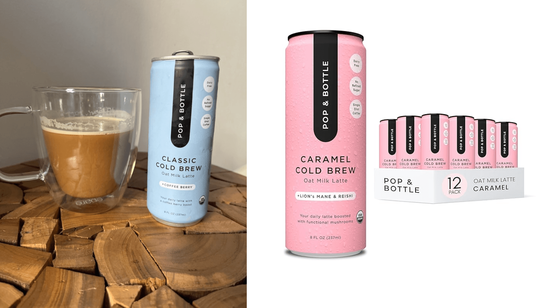 Pop & Bottle, Oat Milk Lattes - Cold Brew with Coffee Berry Antioxidants, MCT Oil, Organic, Dairy Free, Gluten Free, Great as Iced Coffee, Lightly Sweetened with Dates - Classic, 8 Fl Oz (12 Pack)