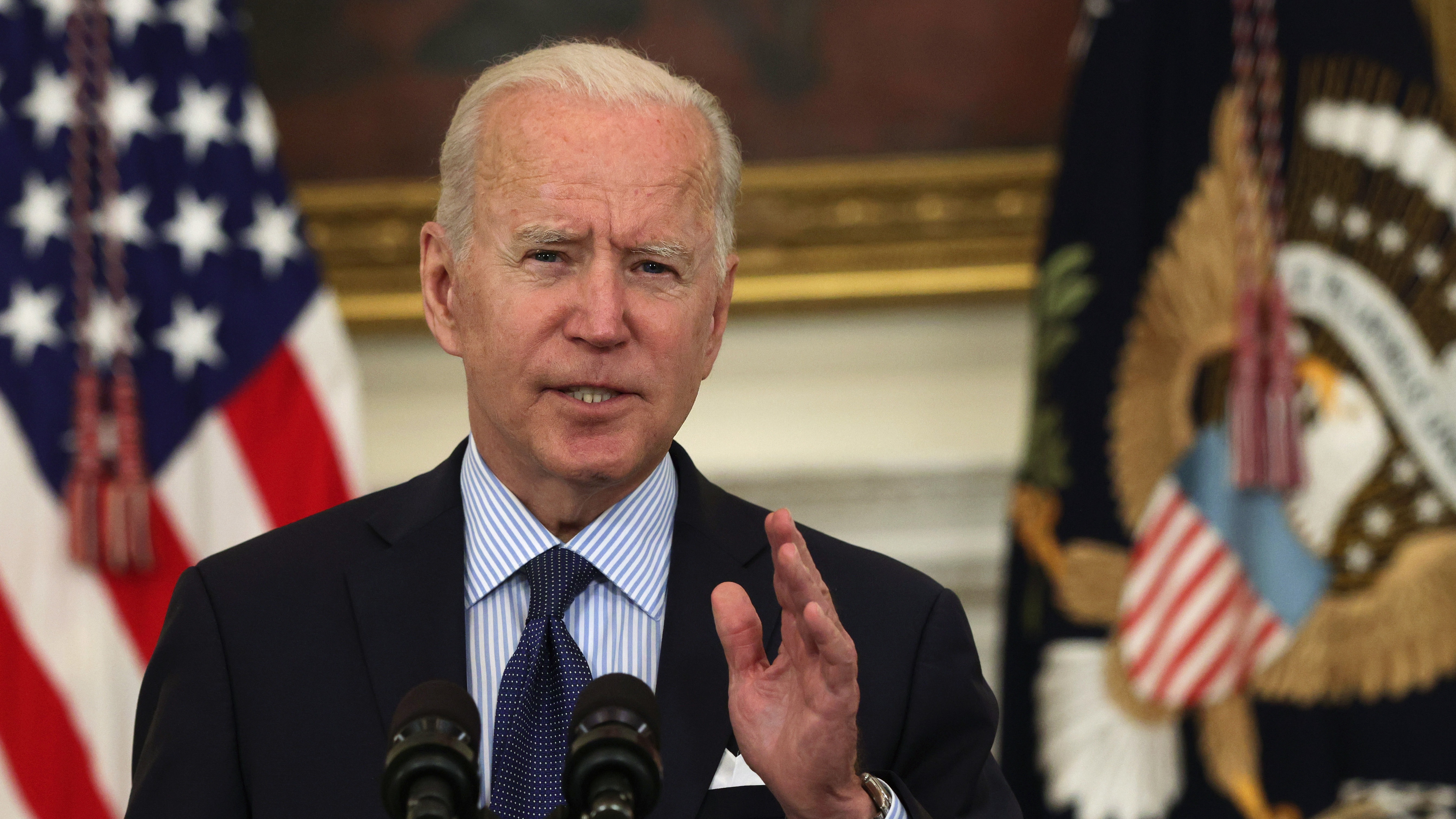 U.S. President Joe Biden delivers remarks on the COVID-19 response and the vaccination program during an event at the State Dining Room of the White House May 4, 2021 in Washington, DC