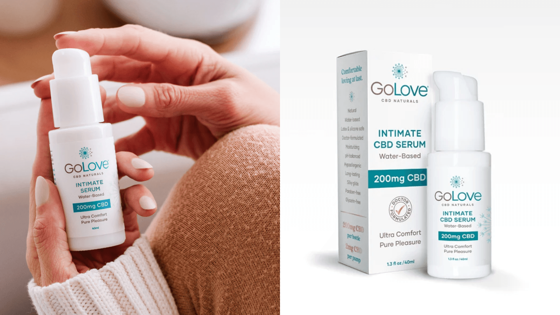 Woman holding pump bottle of lube; bottle of lube next to its product box