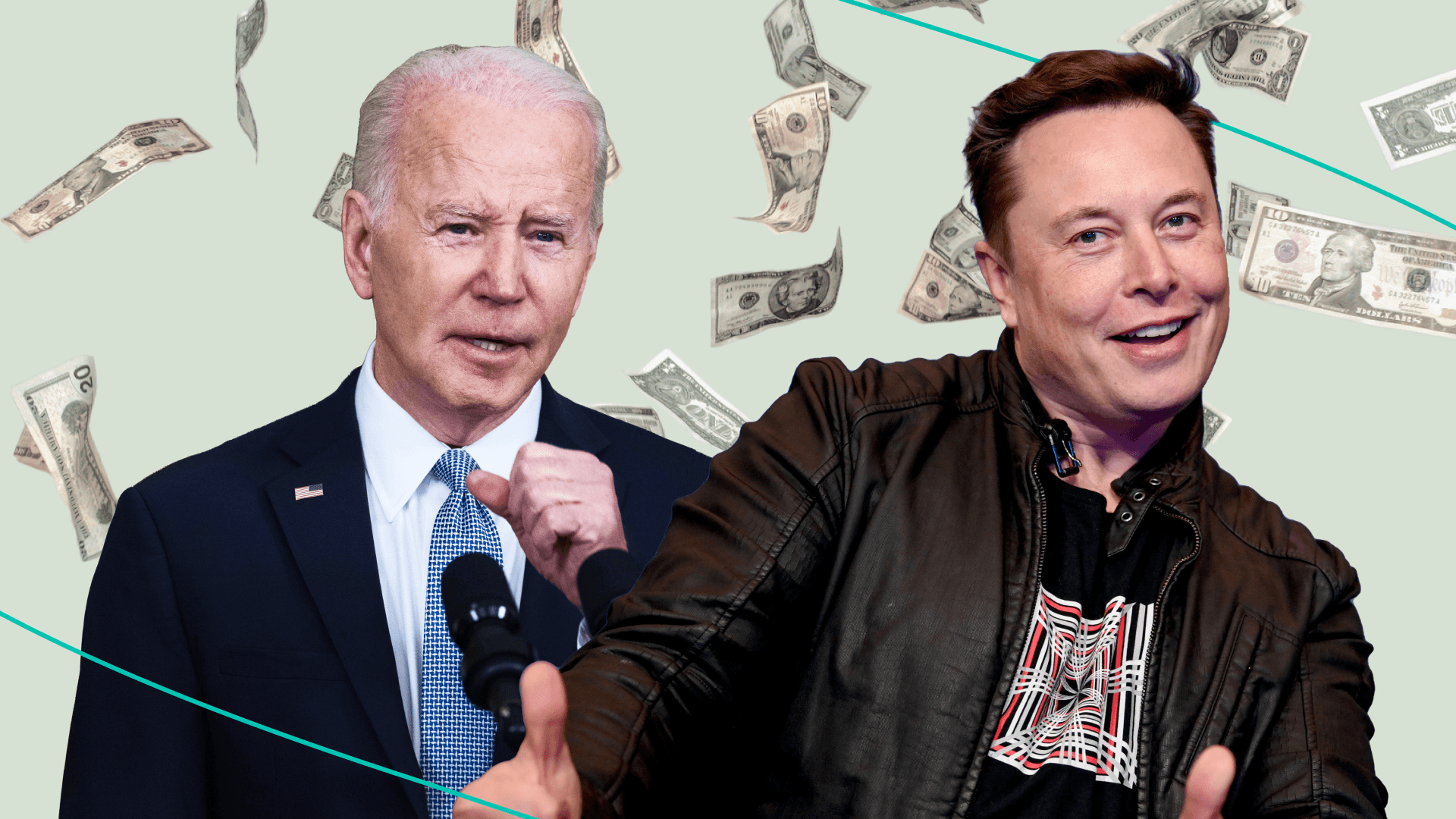 President Joe Biden and Elon Musk with money in the background
