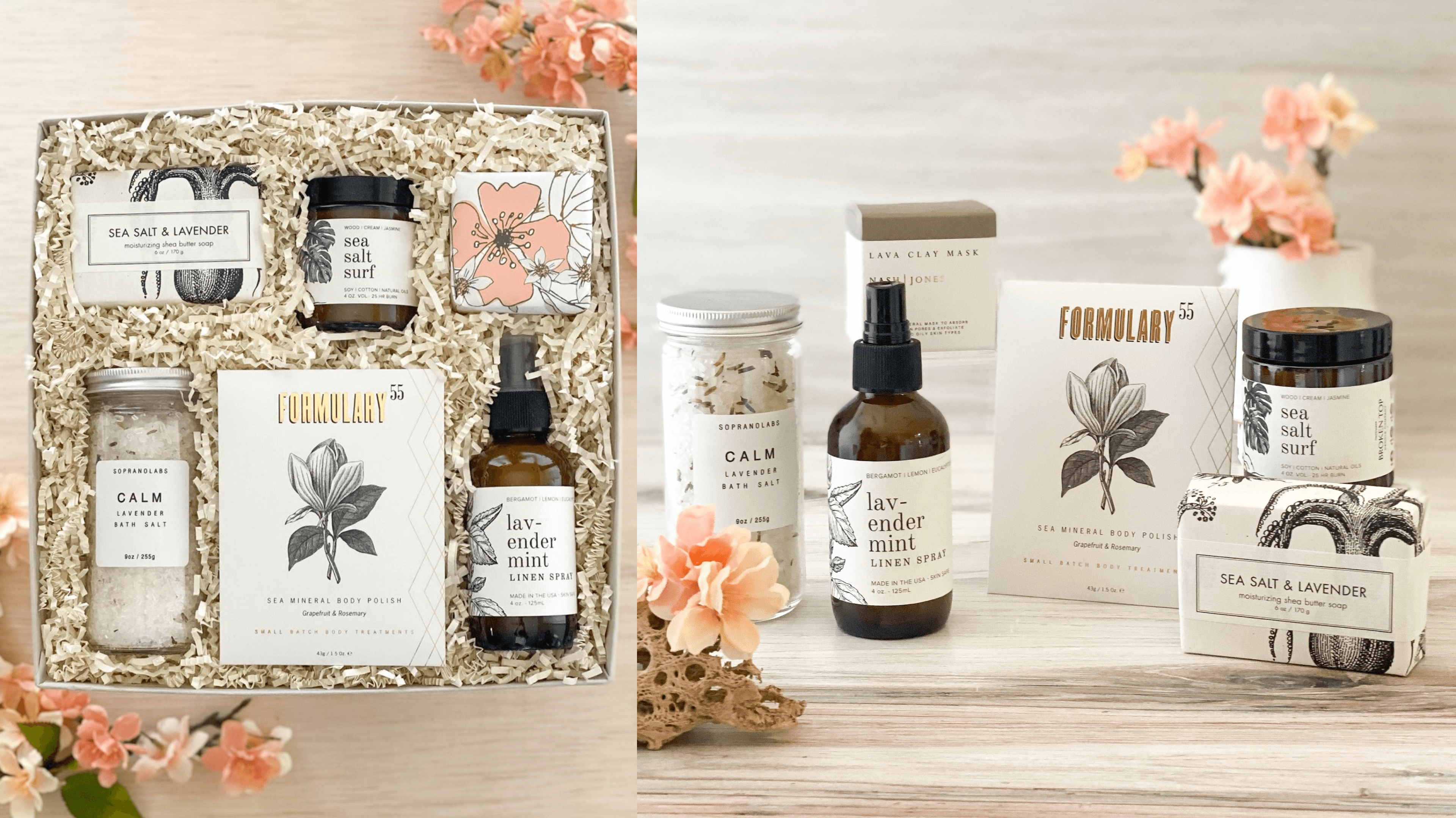 relaxation gift box with bath goodies, a candle, a linen spray, and more