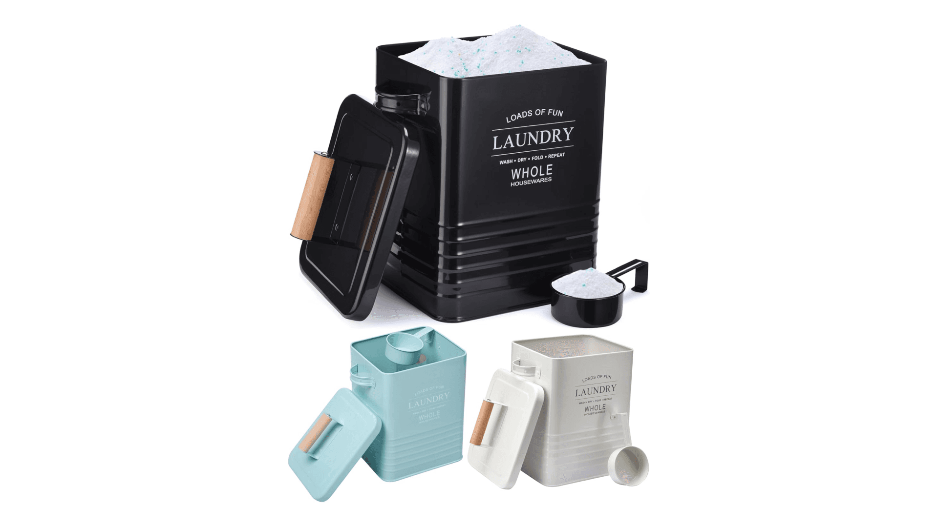 Whole Housewares Laundry Detergent Container - Tin Farmhouse Metal Laundry Powder Soap Dispenser With Scooper, Airtight Lid And Handles - Vintage Soap Pod Holder Storage Bin With Lid And Scent Holders