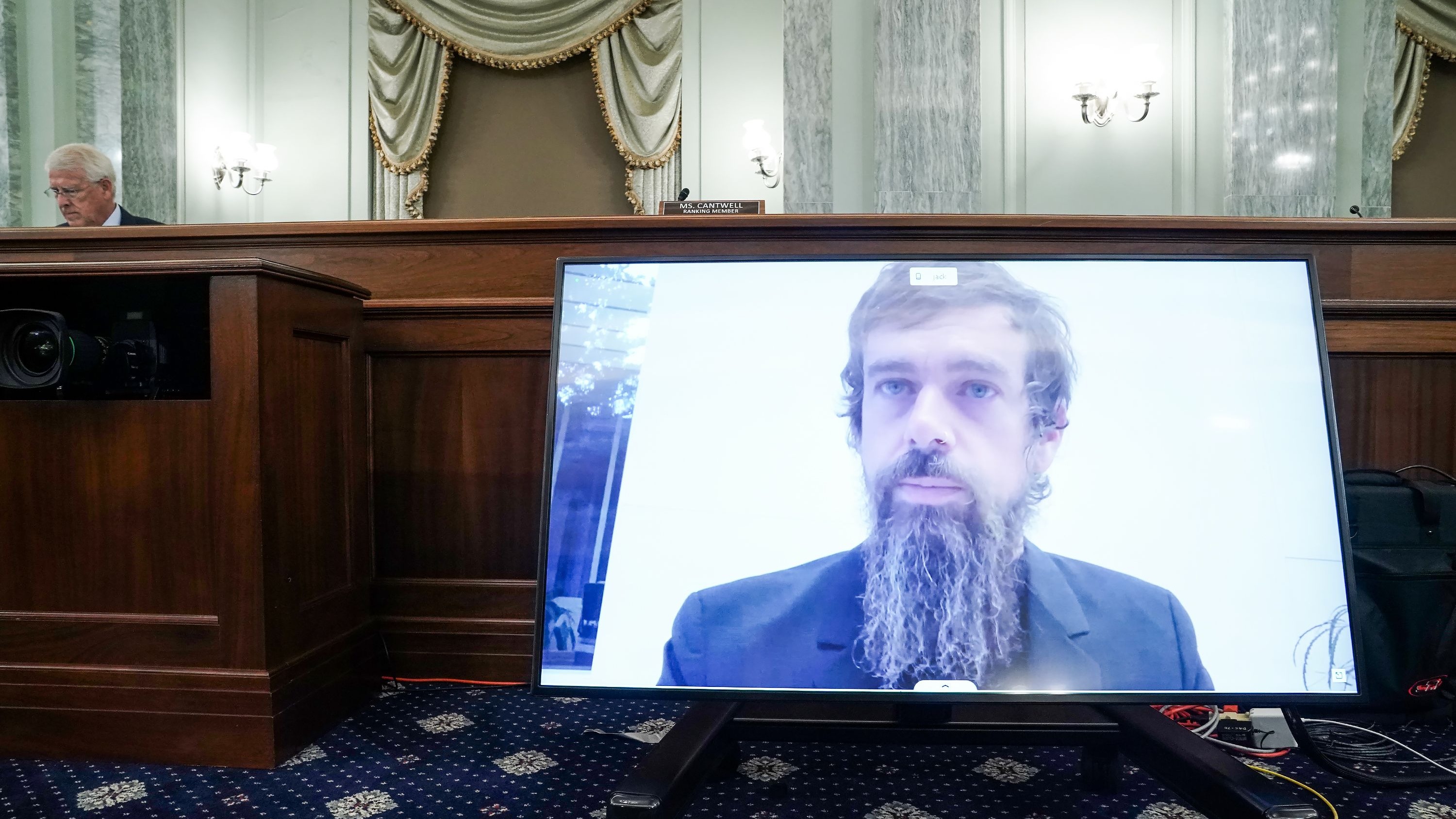 Jack Dorsey testifies during a Senate hearing about his company's content moderation practices.