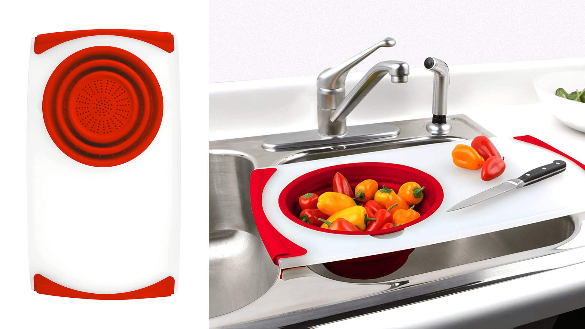 over the sink cutting board that also has a built-in colander